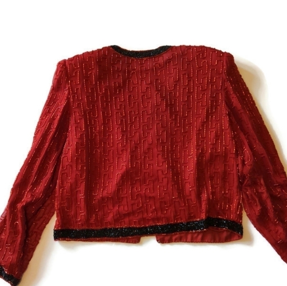 Vtg Scala red silk beaded sparkly evening party special Event short jacket Sz M - Picture 5 of 11